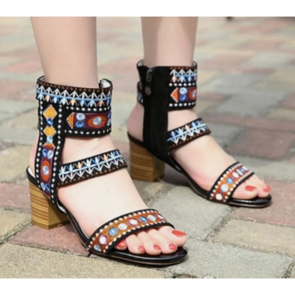 Monroe & Main Tribal Bohemian Embriodery Heeled Sandals